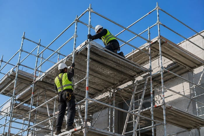 Ouvriers réalisant le montage sécurisé d’un échafaudage